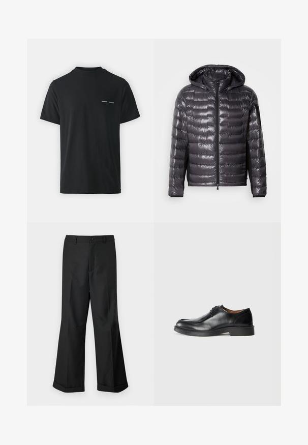 Svart glansig quiltad pufferjacka med frontdragkedja, huva och ficka med dragkedja på vänster ärm, uppställd på en enfärgad bakgrund.; Svart bomullströja med klassisk rund hals, korta ärmar och två små vita "SAMSØE"-logotyper på vänstra bröstet.; Svarta vida byxor med knapplåsning i midjan och uppvikta fållar, visade mot en enkel vit bakgrund.; Svart läder dressko med rund tå, slät yta, snörningsdetaljer och en låg, texturerad gummisula. Rena linjer och minimalistisk design.