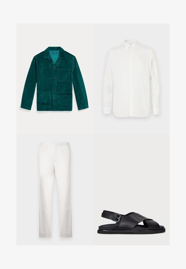 Tuerkise Cordjacke mit Reverskragen, Knopfleiste, langen Ärmeln, zwei Vorder- und einer Brusttasche. Mit gerippter Struktur.; Weißes Langarmhemd aus leichtem Stoff mit klassischem Kragen, Knopfverschluss und geradem Saum. Glatte Textur.; Helle beigefarbene maßgeschneiderte Hose mit glatter Textur, geraden Beinen, flacher Vorderseite und minimalen Nähdetails. Keine sichtbaren Taschen.; Polo Ralph Lauren ZANE LEATHER SANDAL - Riemensandalette - black