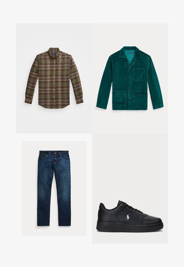Casaco de veludo cotelê em tom verde-água, com colarinho de lapela, botão frontal, mangas longas, dois bolsos frontais e um bolso no peito. Apresenta textura ribete.; Polo Ralph Lauren CUSTOM FIT PLAID BRUSHED FLANNEL SHIRT - Camisa - olive/brown; Jeans de ganga azul escuro com corte reto, apresentando padrões de desbotamento subtis, costuras laranja e design clássico de cinco bolsos.; Sapatilhas pretas em couro com um design perfurado, fecho de atacadores plano e um logótipo bordado branco de lado. Sola grossa em borracha preta.