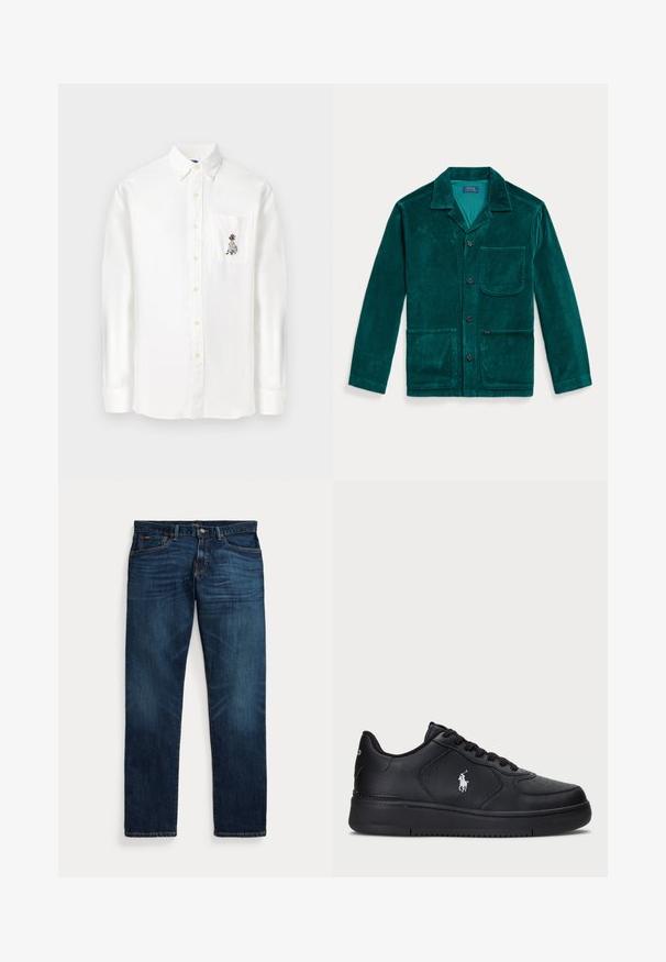 Tealowa kurtka ze sztruksu z kołnierzem, z przodu zapinana na guziki, z długimi rękawami, dwoma przednimi kieszeniami oraz kieszenią na piersi. Ma prążkowaną teksturę.; Biała, długa koszula na guziki z długim rękawem, wykonana z mieszanki bawełny, z kieszonką na piersi z kolorowym haftem, standardowy kołnierz oraz zaokrąglony dół.; Ciemnoniebieskie dżinsy z denimu z delikatnym wyblaknięciem na udach i kieszeniach, zapinane na guziki i suwak, z pięcioma kieszeniami, ułożone płasko na białym tle.; Czarne skórzane sneakersy z perforowanym wzorem, płaskim zapięciem na sznurówki i białym haftowanym logo po boku. Gruba czarna gumowa podeszwa.