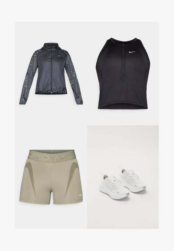 Giacca sportiva nera con zip frontale, maniche in rete testurizzata con motivi a puntini, e colletto alto. Progettata per abbigliamento attivo.; Top corto atletico nero con zip frontale, dettagli in rete e un design aderente. Realizzato in tessuto elasticizzato e traspirante. Logo Nike sul davanti.; Shorts Nike Pro in verde oliva, realizzati in materiale elasticizzato; presentano una vita testurizzata e motivi a strisce diagonali sui lati.; Scarpe da ginnastica bianche con tomaia in rete testurizzata, suola ammortizzata e sottili dettagli grigi. Comprendono il branding e una linguetta sul tallone per una facile calzata.
