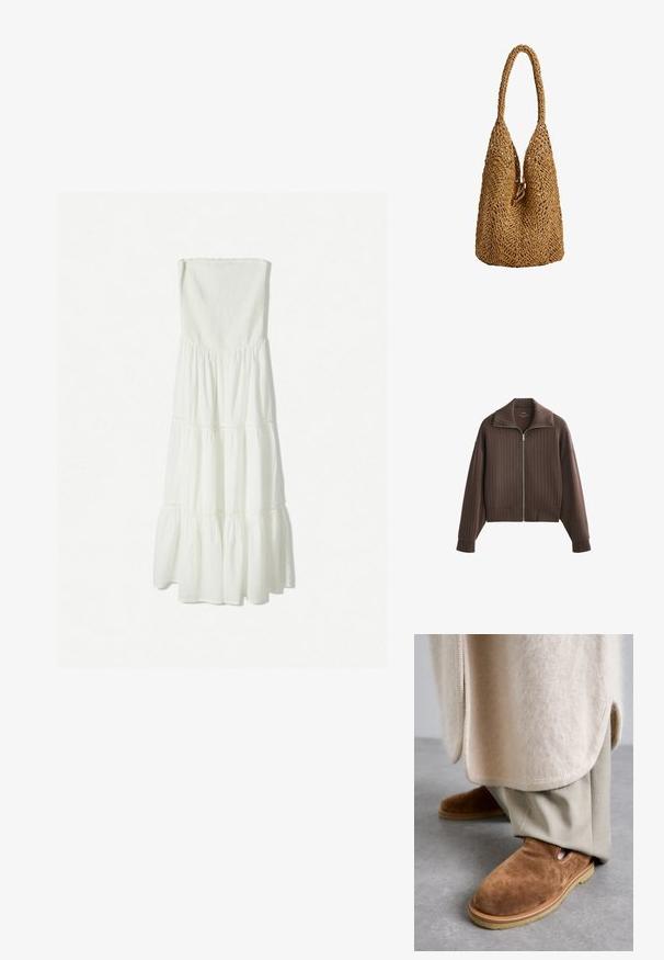 Barna cipzáras dzseki széles gallérral és hosszú ujjakkal, függőleges csíkokkal és rövidített fazonban. Puha anyag sima textúrával.; Bershka Maxi ruha - white; Barna velúr slip-on cipők, lekerekített orral, gumitalppal és oldalsó kivágással, világos bézs testre szabott nadrággal párosítva.; Szövetből készült barna táska, jellegzetes nyitott szövésű mintával, hosszúkás, kerek fogantyúval és puha tapintással.