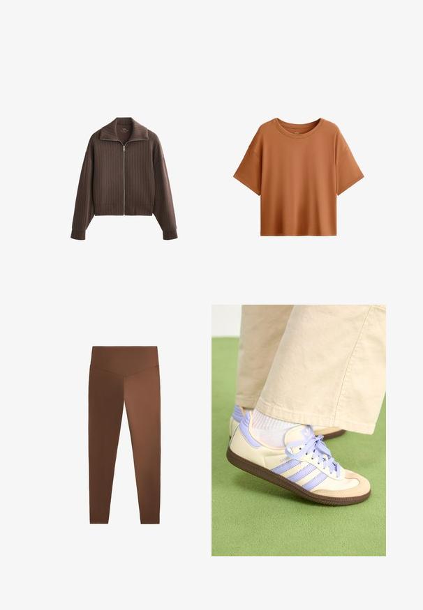 Hnědá zipová bunda s širokým límcem a dlouhými rukávy, která má vertikální proužky a zkrácený střih. Měkká tkanina s hladkým povrchem.; Tričko s krátkým rukávem v boxovém střihu v rezavé barvě. Vyrobeno z hladké tkaniny s širokým výstřihem a uvolněným střihem, s čistým lemem.; Hnědé legíny s hladkou strukturou, vysokým pasem a zúženými nohavicemi, vyrobené z pružného materiálu. Bez vzorů nebo viditelného kování.; Krémové a levandulové tenisky se třemi pruhy a texturovanou hnědou podrážkou, vybavené tkaničkami a polstrovanou patou. Měkký textilní svršek.