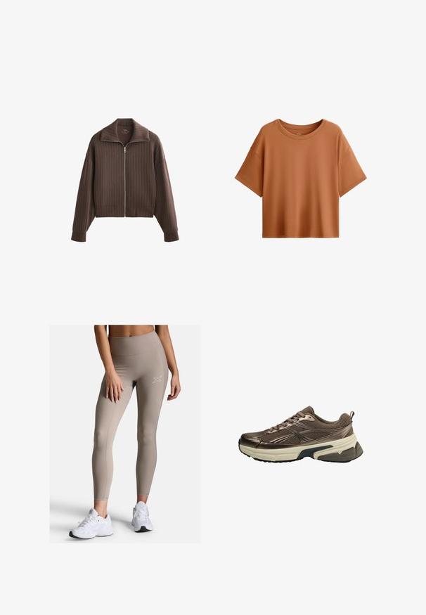 Braune Zip-Jacke mit breitem Kragen und langen Ärmeln, versehen mit vertikalen Nadelstreifen und einem cropped Design. Weicher Stoff mit glatter Textur.; Kurzarm, boxy T-Shirt in Rostfarbe. Aus glattem Stoff gefertigt, mit weitem Ausschnitt und lässiger Passform, mit einem sauberen Saum.; Beige High-Waist-Leggings mit geripptem Bund, glatter Textur und subtilen Nähten. Dazu weiße Sportschuhe.; Brauner Sportschuh mit Mesh-Obermaterial, metallischen Akzenten, dicker weißer Zwischensohle und strukturiertem schwarzen Sohle. Verfügt über Schnürsenkel und eine Zuglasche.