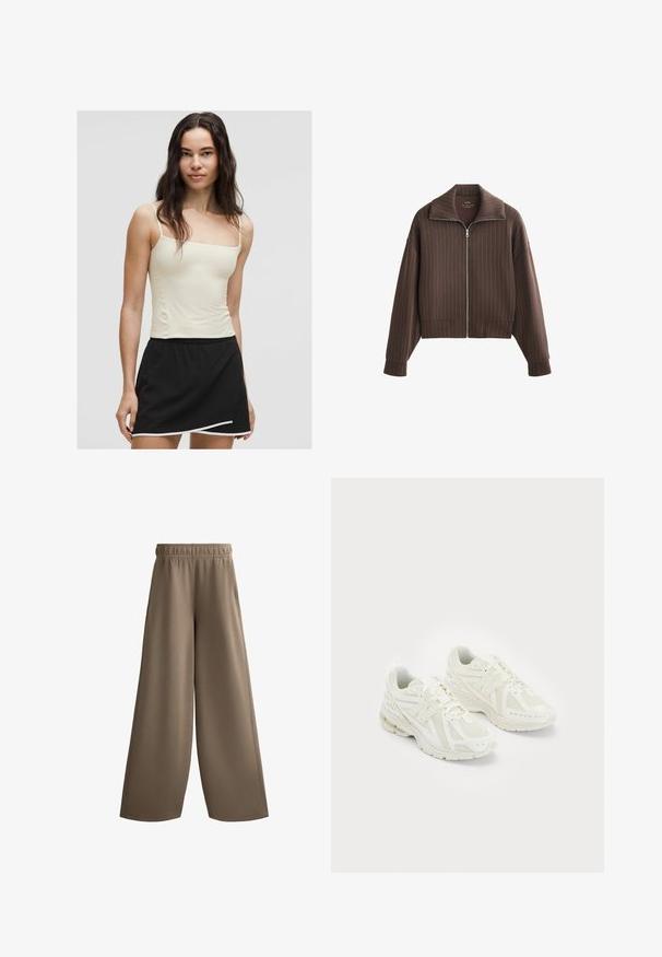 Giacca marrone con zip, colletto ampio e maniche lunghe, caratterizzata da righe verticali e un design accorciato. Tessuto morbido con una texture liscia.; Top in morbido giallo chiaro con spalline, abbinato a una gonna nera con orlo curvo e dettagli bianchi. Texture del tessuto liscia.; Pantaloni larghi marroni con vita elastica, realizzati in tessuto morbido, dotati di tasche laterali e con design dritto e morbido.; Scarpe sportive bianche realizzate in materiali sintetici e in rete, con lacci, colletto imbottito e suola testurizzata per migliorare la grip. Costruzione leggera.