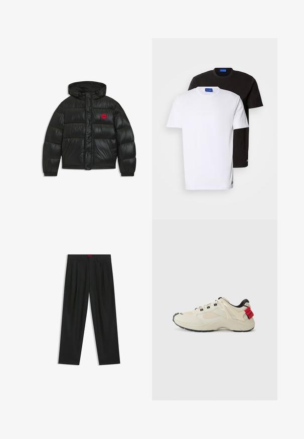 Schwarze Puffjacke mit Kapuze, elastischen Bündchen, zwei Vordertaschen und rotem rechteckigen Patch mit "HUGO"-Logo auf der Brust.; Zwei übereinander gestapelte T-Shirts: eines weiß und eines schwarz. Kurze Ärmel, runde Ausschnitte, aus Baumwollstoff. Mit einem kleinen blauen Logo am Ausschnitt.; Schwarze Hose mit einem gefältelten Design, weiter Beinform und glatter Textur. Verfügt über ein rotes Taillenlabel.; Beige Sneaker mit Mesh- und Lederverkleidungen, schwarzer Gummisohle, Schnürdesign und roten Akzenten an der Ferse mit "Hugo"-Branding.