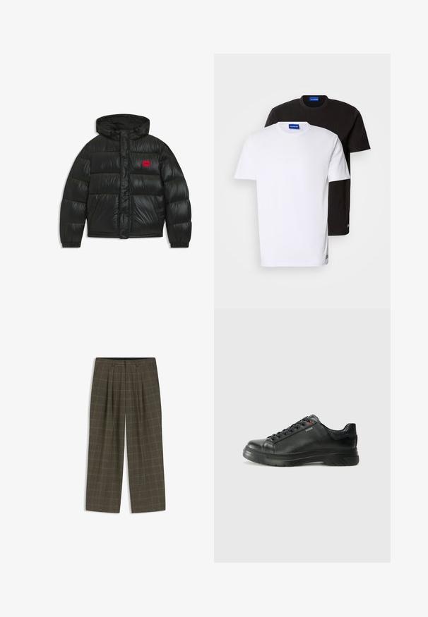 Zwarte pufferjack met capuchon, elastische manchetten, twee voorzakken en een rood rechthoekig label met het "HUGO" logo op de borst.; Twee T-shirts gestapeld: één witte en één zwarte. Korte mouwen, ronde halslijnen, van katoen. Heeft een klein blauw logo op de halslijn.; Bruine geruite broek met een wijde broekspijp ontwerp, voorzien van voorplooien en een soepele tailleband. Gemaakt van een genuanceerde stof.; Zwarte leren sneaker met een gestructureerde bovenkant, gevoerde kraag en rode logo-details. Heeft een dikke rubberen zool met een opvallend loopvlakpatroon.