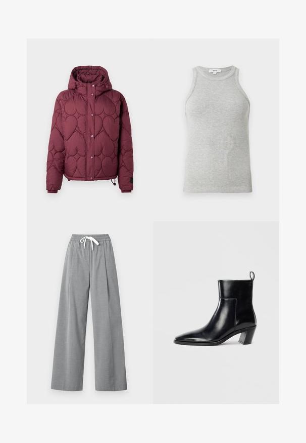 Weinrote Pufferjacke mit Kapuze, versehen mit einem herzförmigen Steppmuster, vorderen Druckknöpfen und elastischen Bündchen sowie einem verstellbaren Kordelzug am Saum.; Graues, geripptes Tanktop mit figurschmeichelndem Design, weiten Armausschnitten und runder Ausschnittlinie. Aus weichem Baumwollstoff mit glatter Textur gefertigt.; Graue weite Hosen aus leichtem Stoff mit gefaltetem Vorderteil und einem elastischen Bund, der eine weiße Kordel enthält.; Schwarze Leder-Ankleboots mit spitzem Zeh, geometrischem Blockabsatz und einem Zugband hinten. Glatte Textur und elegantes Design.