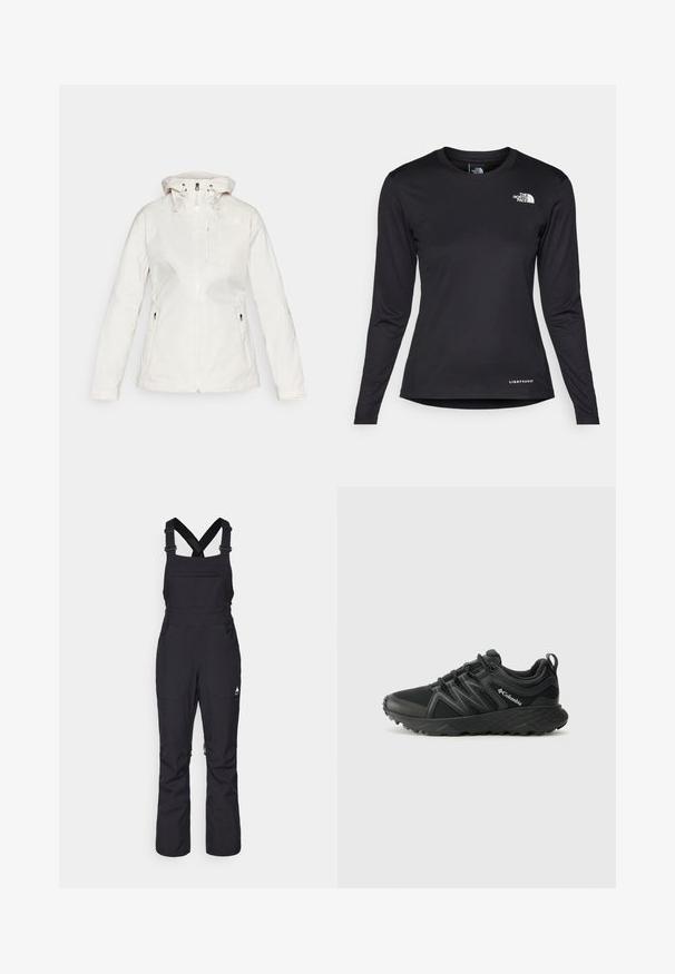 Valkoinen vedenpitävä takki hupulla, edessä vetoketju ja säädettävät nyörit. Varustettu vetoketjulla suljettavilla sivutaskuilla sekä pienellä rintataskulla.; The North Face SHADOW LONG SLEEVE - Pitkähihainen paita - black; Mustat haalarit, joissa on säädettävät olkaimet, useita taskuja, vettähylkivä materiaali ja leveä lahjerakenne.; Columbia PEAKFREAK - Vaelluskengät - black