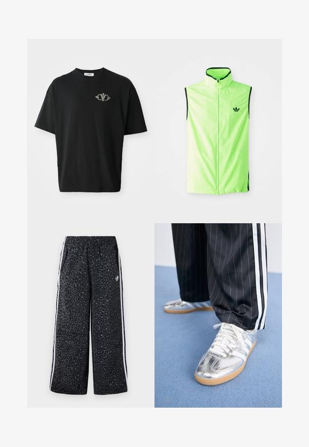 Neoon roheline ilma varrukateta sportlik vest, millel on eesne tõmblukk, kõrge krae ja mustad aksessuaarid, ning vasakul rinnal väike must logo.; Must must shirt, mille lahtise lõikega, väikese halli dekoratiivse kujundusega rinnal. Lühikesed varrukad ja ümar kaelus.; adidas Originals GRAPHIC UNISEX - Dresside alumine osa - black; Metallik hõbedased jooksuketsid valgete paeltega ja kolme valge triibuga, mille juurde on sobitatud mustad triibulised püksid. Allosas kummist tallaga aktsent.