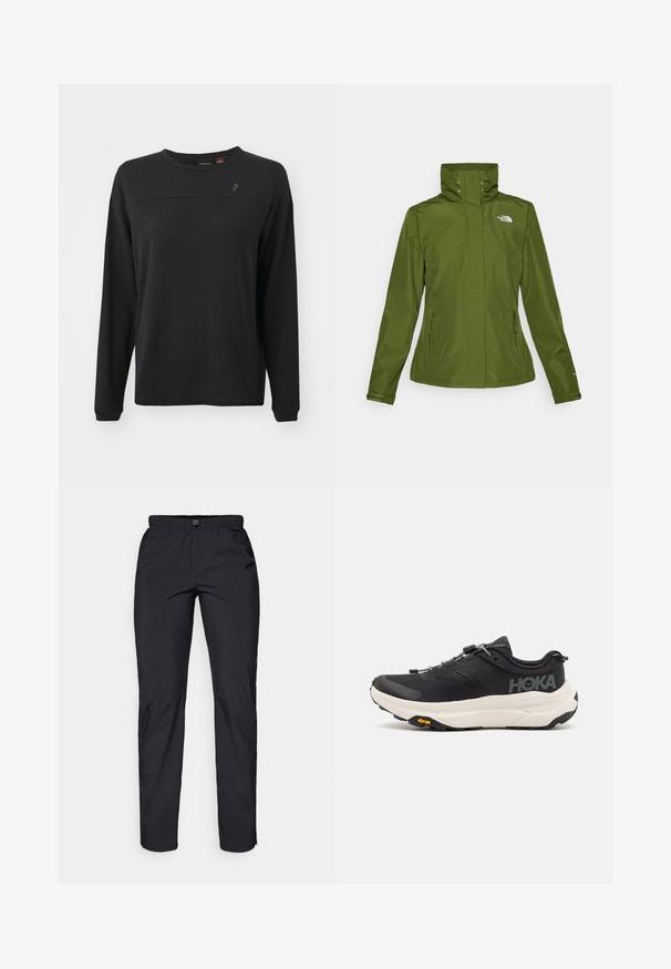 Giacca verde resistente all'acqua con colletto alto, tasche laterali con zip e polsini elasticizzati. Presenta un piccolo logo sulla parte anteriore sinistra in alto.; Maglietta nera a maniche lunghe con tessuto testurizzato, collo rotondo e un logo discreto sul petto. Presenta una vestibilità rilassata e dettagli cuciti.; Pantaloni neri, leggeri e resistenti all'acqua, con vita elastica e due tasche laterali; texture liscia; design a gamba dritta.; Scarpe da ginnastica nere con tomaia in mesh traspirante, suola in gomma, intersuola bianca ammortizzante e lacci riflettenti. Logo Vibram sulla suola.