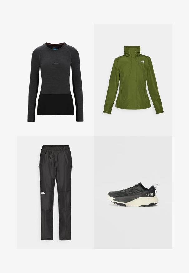 Vandafvisende grøn jakke med høj krave, lynlåslommer i siderne og elastiske manchetter. Har et lille logo på den øverste venstre front.; Langærmet skjorte lavet af mørkegrå og sort stof, med rund halsudskæring og en tætsiddende pasform. Brandlogoet er placeret på brystet.; Sorte vandtætte bukser lavet af letvægtsstof, med elastisk talje, sidelommer og et logo på venstre ben.; Sort atletiksko med en tekstureret overdel, prydet med grå accenter og en hvid mellemsål. Inkluderer en trækslynge og en fremtrædende mærkelogo på hælen.