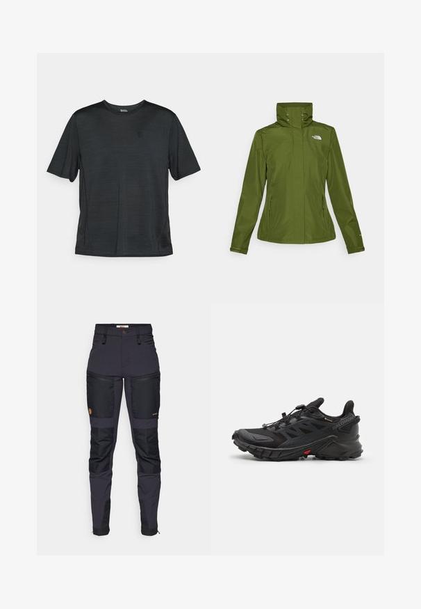 Water-resistant green jacket with a high collar, zippered side pockets, and elastic cuffs. Features a small logo on the upper left front.; Black short-sleeve athletic shirt made of lightweight, moisture-wicking fabric. Features a round neck and a small logo on the chest.; Dark gray pants with black reinforced patches. Features include zippered pockets, a fitted design, and a durable fabric texture.; Black athletic shoes with a textured upper, featuring a secure lace system, a cushioned sole, and a prominent red accent on the side.