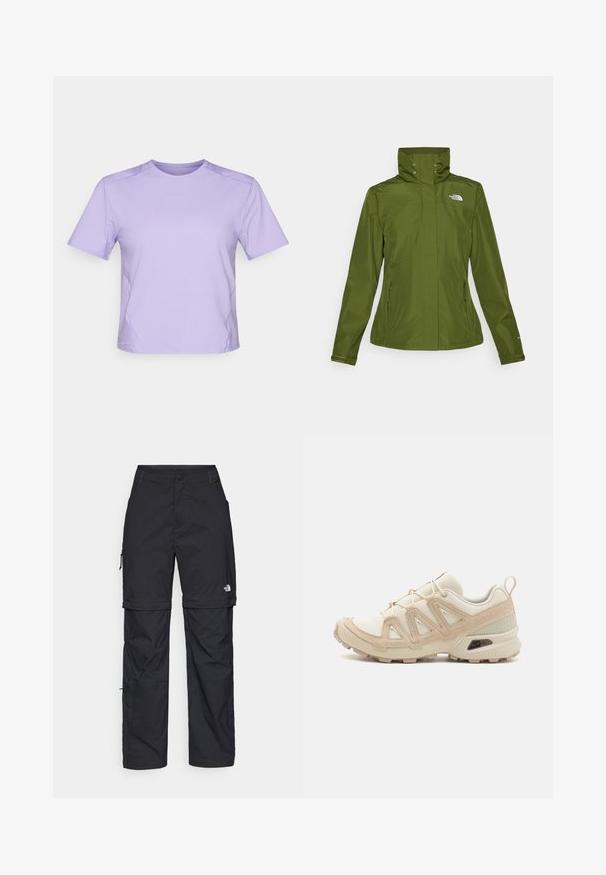 Water-resistant green jacket with a high collar, zippered side pockets, and elastic cuffs. Features a small logo on the upper left front.; Lilac short-sleeve athletic t-shirt with a round neckline, smooth texture, and subtle contrasting seams. Minimal logo on the chest.; Black nylon zip-off cargo trousers with adjustable cuffs, multiple pockets, and a logo on the right leg. Smooth, lightweight texture.; Beige and cream athletic shoe with textured mesh upper, supportive overlays, and rubber outsole featuring a tread pattern for traction.