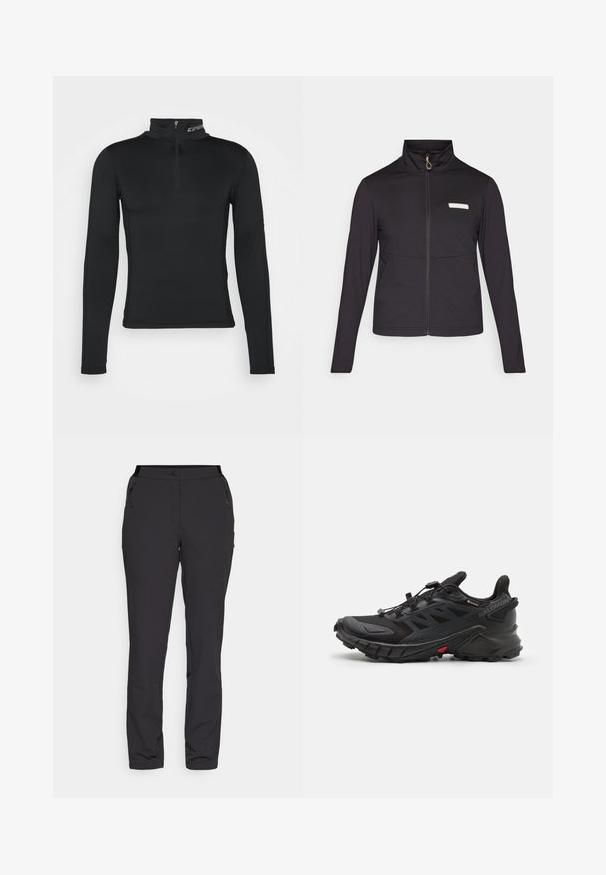 Fekete, sima, könnyű anyagból készült cipzáros dzseki. Magas gallérral, hosszú ujjakkal rendelkezik, és egy kis logó található a mellkasán.; Fekete, hosszú ujjú alapréteg magas gallérral és negyedcipzárral. Simább textúra és testhezálló dizájn az optimalizált teljesítmény érdekében.; Fekete kültéri nadrág, könnyű anyagból készült, egyenes lábbal, cipzáras oldalzsebekkel és állítható derékkal rendelkezik.; Fekete sportcipők textúrált felsőrésszel, biztonságos fűzőrendszerrel, párnázott talppal és szembeötlő piros akcentussal az oldalon.