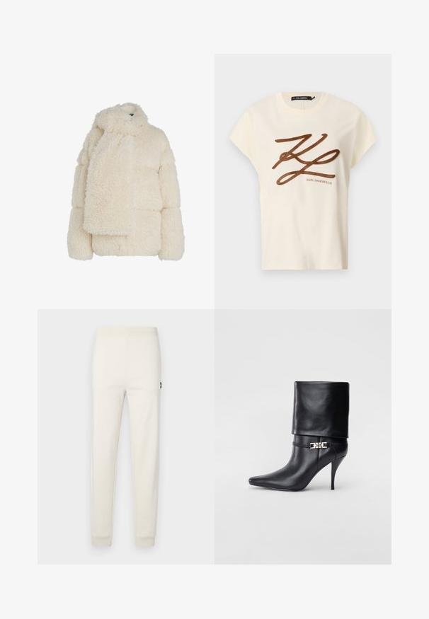 Kremowa kurtka z sztucznego futra z wysokim kołnierzem, fason puchowy oraz długi, pasujący szalik. Teksturowany, miękki materiał oraz pudełkowy kształt.; Jasnokremowa bawełniana koszulka z krótkim rękawem, z brązowym haftowanym logo i napisem z przodu.; Jasnokremowe spodnie dresowe wykonane z miękkiej bawełny, z elastycznym pasem i dopasowanymi mankietami, z małym detalem logo z boku.; Czarne skórzane botki za kostkę z ostrym noskiem, wysokim obcasem w kształcie stiletto, z załamanym mankietem oraz złotym dekoracyjnym zapięciem na kostce.