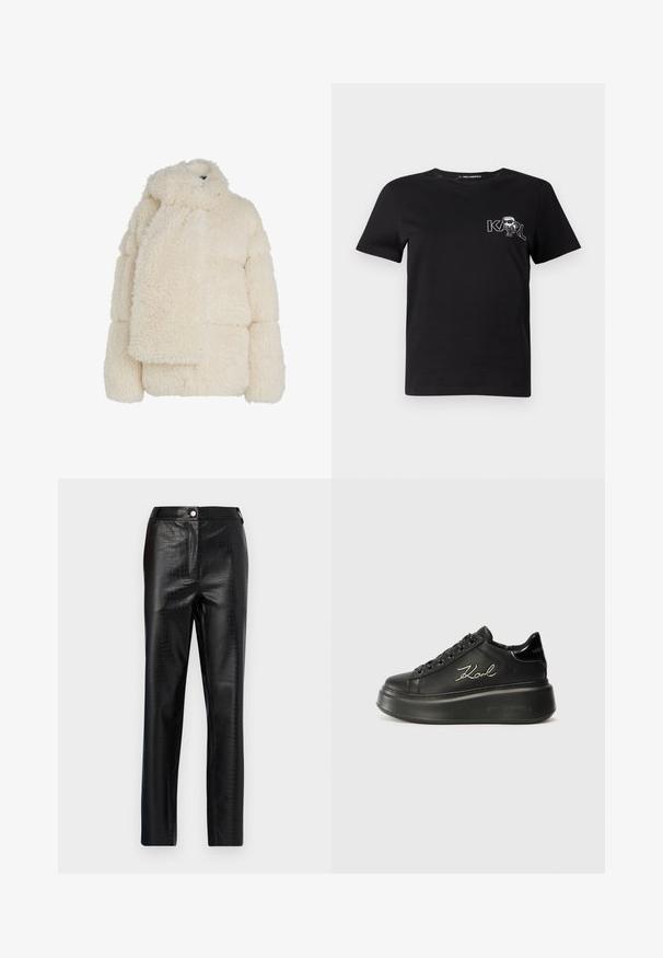 Kremo spalvos dirbtinio pūkų švarkas su aukštu apykakle, pūsto dizaino ir ilgu atitinkančiu šaliku. Toksdrus, minkšta medžiaga ir kvadratinė forma.; Juodas trumpomis rankovėmis marškinėliai, pagaminti iš medvilnės. Puošia balta grafika su tekstu "KARL" ir stilizuotu figūra ant krūtinės. Apvalus iškirpimas.; Juodos dirbtinės odos kelnės su krokodilo raštu, siauras kirpimas, tiesaus kirpimo dizainas, su priekiniais sagos uždarymu ir standartine juosmens juosta.; Juodi platforminiai sportbačiai su lygiu odiniu viršumi, plokščiomis raištelėmis ir išsiuvinėtu "Karl" logotipu šone. Apvalūs pirštai ir storas padas.