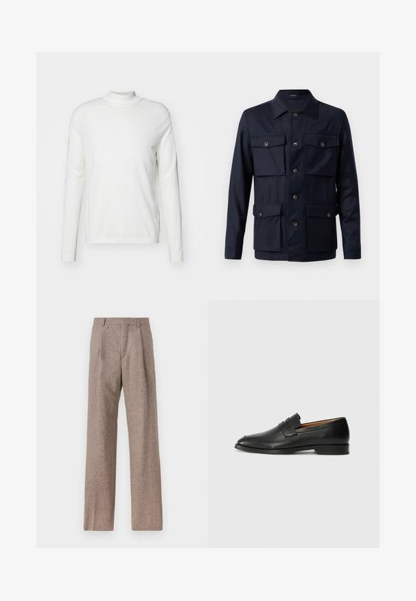 Casaco de marinheiro com fecho à frente em botão, quatro bolsos frontais, colarinho clássico e textura de tecido suave. Apresenta botões castanhos e um corte ajustado.; Suéter branco de gola alta de mangas longas, feito de um tecido suave. Apresenta um design ajustado e detalhes mínimos, com uma bainha simples e reta.; Calças castanhas de cintura alta feitas de tecido texturado. Apresentam pernas largas e duas pregas frontais para estrutura. Acabamento cuidadoso sem hardware visível.; Sapatilha de couro preta com biqueira arredondada, detalhes cosidos discretos e um salto baixo, apresentando uma textura suave e um design minimalista.
