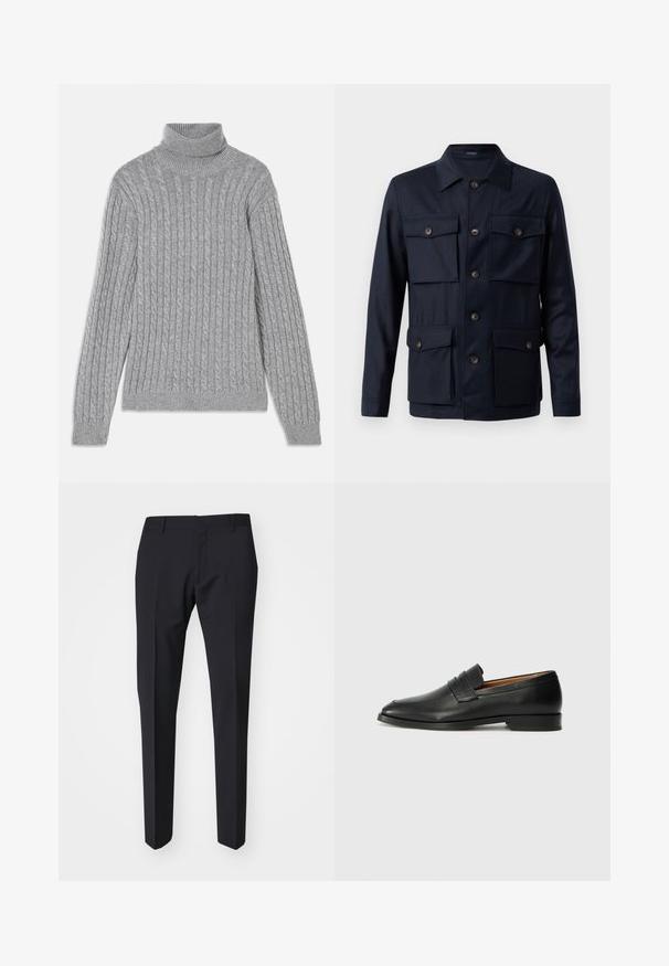 Navy jacket with a button-up front, four front pockets, a classic collar, and smooth fabric texture. Features brown buttons and tailored shape.; Gray turtleneck sweater made from textured knit fabric, featuring a cable pattern, long sleeves, and ribbed cuffs and hem.; Dark navy trousers with a slim fit. Made from smooth, textured fabric, featuring a flat front, belt loops, and side pockets.; Black leather loafer with a rounded toe, subtle stitched detailing, and a low heel, featuring a smooth texture and minimalist design.