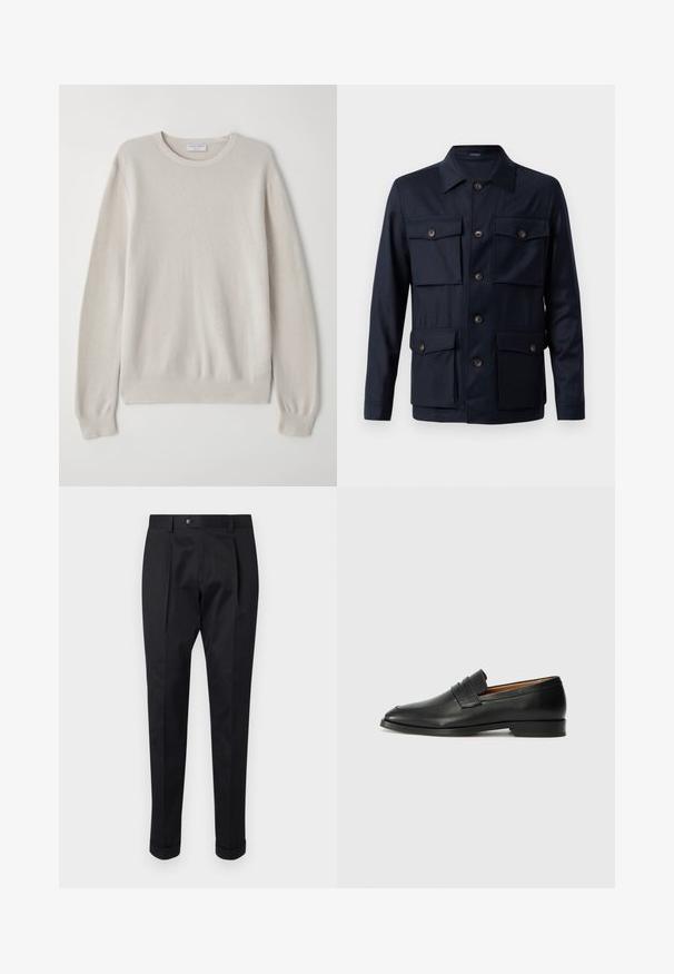 Jūras mētelis ar pogu aizdari, četriem priekšējiem kabatām, klasisku apkakli un gludu auduma faktūru. Iezīmēts ar brūnām pogām un pielāgotu siluetu.; Gaišbeigā džemperis, kas izgatavots no mīksta adījuma auduma. Ar apaļu kakla izgriezumu, garām piedurknēm, ribotām aprocēm un apakšmalu ar smalku tekstūras detaļu.; Melni bikses, izgatavotas no gludas auduma, ar uzkāpes priekšpusē, pogu aizdari un velkot piegriezumu pie potītes.; Melnas ādas loafers ar noapaļotu purngala formu, smalku izšuvumu un zemu papēdi, piedāvājot gludu tekstūru un minimālistisku dizainu.