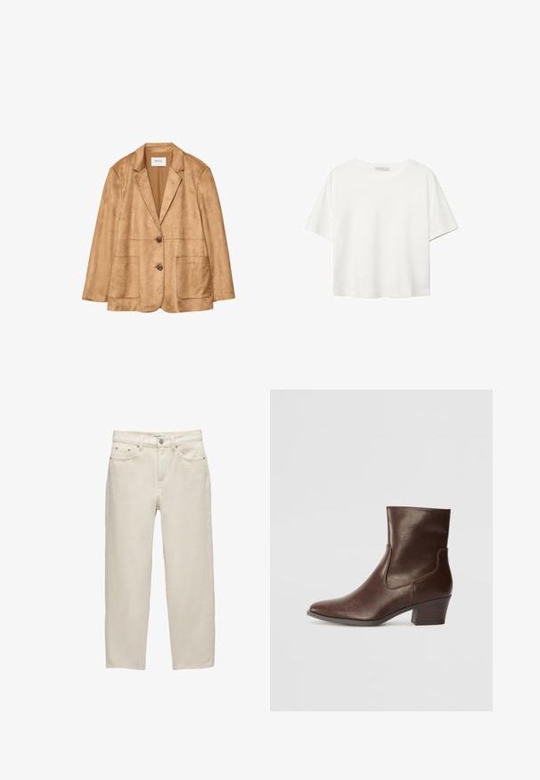 Svetlo rjava sued blazera z dvema sprednjima gumboma, s klasičnim ovratnikom in dvema velikima žepoma, prikazana na belem ozadju.; Bela kratka majica s kratkimi rokavi iz bombaža. Ima okroglo izrezovanje in sproščen kroj. Gladka tekstura brez vidnih vzorcev ali poudarkov.; Beli traper hlače z sproščenim krojem, ravnimi nogami, petimi žepi in kovinskimi detajli z subtilno teksturo.; Rjave usnjene gležnjarje s koničastim nosom in blok peto. Imajo stranske izreze in gladko teksturo, zasnovane za prilagojen silhueto.