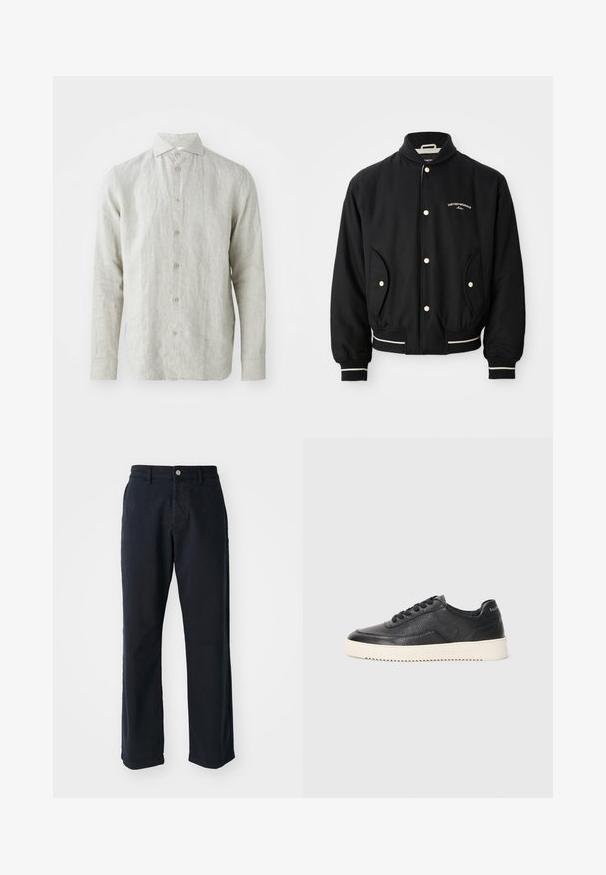 Czarna kurtka bomberka z żebrowanym kołnierzem, zapięciem na napy, dwiema bocznymi kieszeniami oraz białymi paskami na mankietach i u dołu.; Jasnoszara lniana koszula z guzikami z przodu, klasycznym kołnierzykiem i długimi rękawami. Posiada subtelną teksturę i pięć brązowych guzików.; Granatowe spodnie bawełniane o prostym kroju nogawki, z zapięciem na guzik z przodu i dwoma kieszeniami bocznymi. Gładka tekstura, bez widocznych wzorów.; Czarne skórzane sneakersy o teksturowanym wykończeniu, okrągłym nosku i płaskiej białej gumowej podeszwie. Zawierają czarne sznurówki oraz znak firmowy na pięcie.