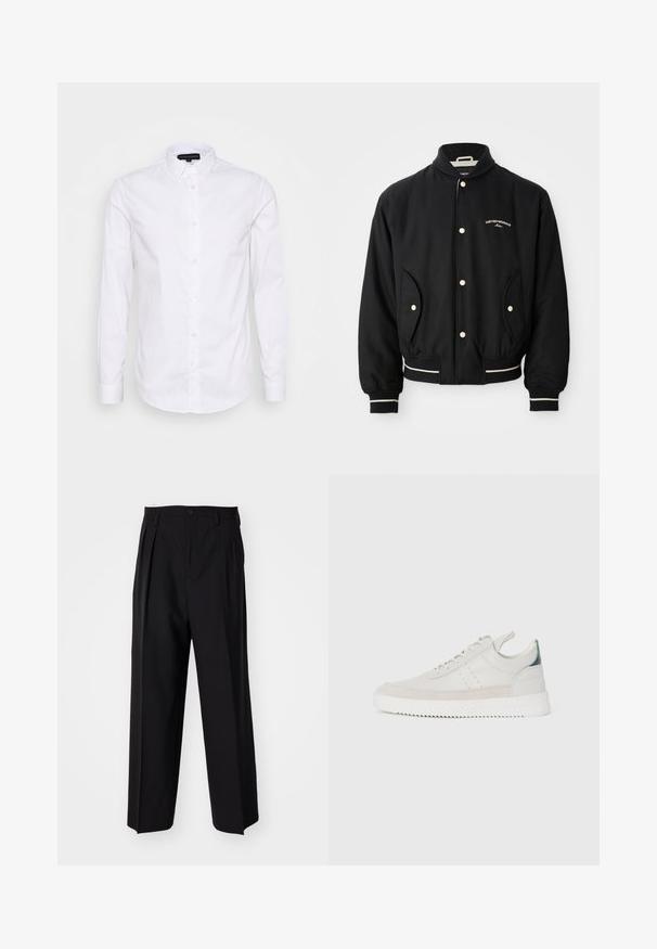 Crna bomber jakna s rebrastim ovratnikom, zatvaranjem na gumbe, dva bočna džepa i bijelim prugama na manžetama i rubu.; Bijela košulja s dugim rukavima i ovratnikom na dugmad, izrađena od glatkog pamučnog materijala, s malim logom na prsima i dugmadi sa prednje strane.; Crne plisirane hlače s ravnim širokim nogavicama. Izrađene od glatkog materijala, s dugmadi za zatvaranje i petljama za remen.; Bijele kožne tenisice s akcentima od siva brušena kože, dizajn sa vezicama, ručka za povlačenje i teksturirana guma s uzorkom u obliku zigzaga.