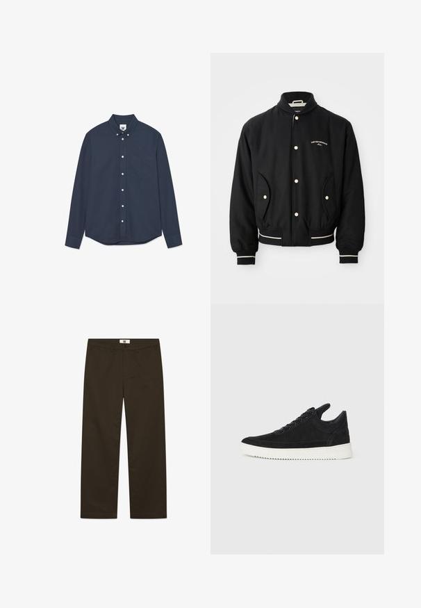 Czarna kurtka bomberka z żebrowanym kołnierzem, zapięciem na napy, dwiema bocznymi kieszeniami oraz białymi paskami na mankietach i u dołu.; Granatowa koszula zapinana na guziki z długim rękawem, z kieszenią na przedzie i małym haftowanym logo na kieszeni oraz etykiecie kołnierza.; Brązowe spodnie bawełniane o prostym kroju, z kieszeniami z przodu, z zapięciem na guzik oraz metką w pasie. Gładka faktura i jednolity kolor.; Czarne zamszowe sneakersy z białą gumową podeszwą, z tonalnym przeszyciem i sznurowanym zapięciem. Gładka tekstura, nowoczesny, smukły kształt.