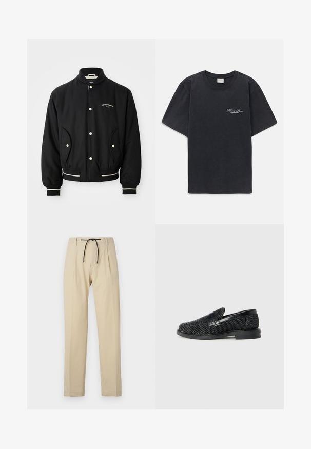 Mustmust jakk musta värvi, ribaga krae, nupuga sulgemine, kaks küljetaskut ja valged triibud varrukatel ja äärel.; Must have lühikesed varrukad ümmarguse kaelusega must T-särk, millel vasakul rinnal on väike valge "Filling Pieces" teksti logo.; Beezid püksid sirge lõikega, millel on nööriga vöökoht, volditud esikülg ja sile tekstuur. Lihtne ja mitmekesine disain.; Must musta kootud slip-on king, millel on pehme nahast accent ülaserval, ümmargune varvas ja madal profiiliga kummitald.