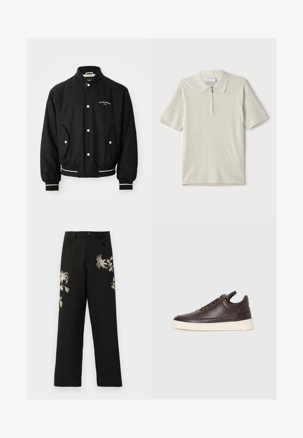 Čierna bomber bunda s rebrovaným golierom, zapínaním na patentky, dvoma bočnými vreckami a bielymi pruhmi na manžetách a dolnom okraji.; Polo tričko s krátkymi rukávmi v svetlom béžovom odtieni so zipsom pri golieri. Vyrobené z hladkej látky, má jednoduchý, moderný dizajn bez vzorov.; Čierne nohavice s širokými nohavicami a kvetinovou výšivkou v krémových odtieňoch. Obsahujú predné vrecká a zapínanie na gombík, vyrobené z hladkej textílie.; Tmavohnedá textúrovaná kožená teniska s šnurovaním a bielou zvrškovou gumovou podrážkou na jednoduchom svetlom pozadí.