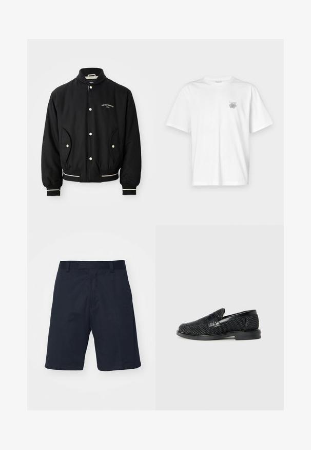 Černá bomber bunda s ribovaným límcem, zapínáním na patentky, dvěma bočními kapsami a bílými pruhovanými akcenty na manžetách a spodním lemu.; Bílá bavlněná trička s krátkým rukávem, kulatým výstřihem a malým šedým logem na levé části hrudi. Hladká textura.; Černé šortky vyrobené z hladké tkaniny, s plochým předním dílem, poutky na pás a designem ke kolenům bez viditelných vzorů nebo kovových doplňků.; Černé pletené nazouvací boty s hladkým koženým akcentem na svršku, kulatou špičkou a nízkoprofilovou gumovou podrážkou.