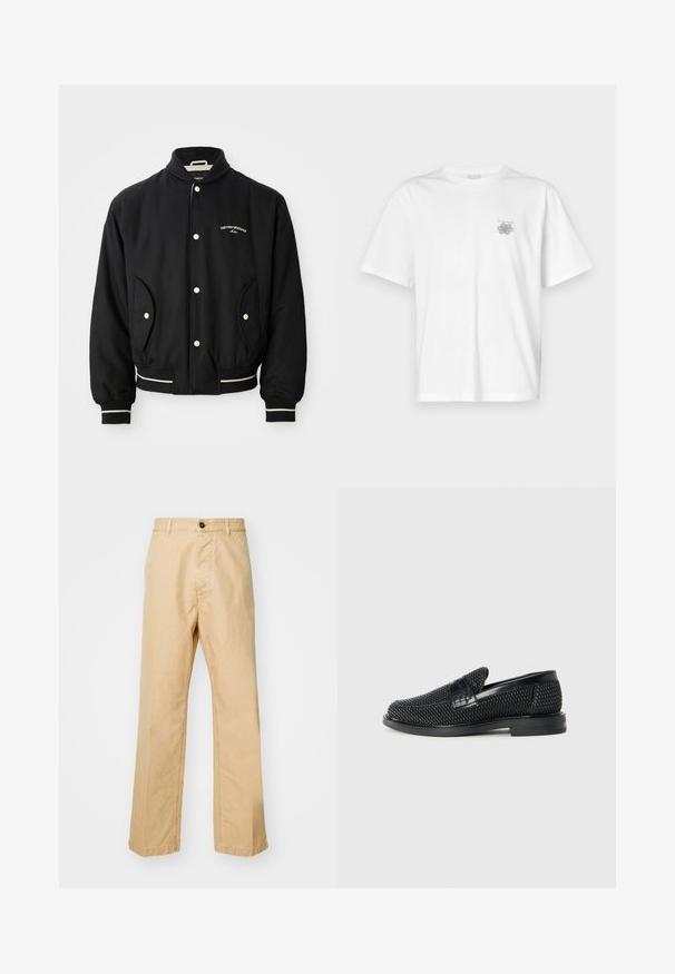 Veste bomber noire avec un col côtelé, fermeture à boutons-pression, deux poches latérales et des accents rayés blancs aux poignets et à l'ourlet.; T-shirt blanc en coton avec des manches courtes, un col ras du cou et un petit logo gris sur la partie gauche de la poitrine. Texture lisse.; Chinos kaki avec une coupe droite, en tissu 100 % coton, dotés d'une fermeture à boutons à l'avant et de passants de ceinture. Texture lisse, sans motif.; Chaussure slip-on tissée noire avec un accent en cuir lisse sur le dessus, un design à bout rond et une semelle en caoutchouc à profil bas.