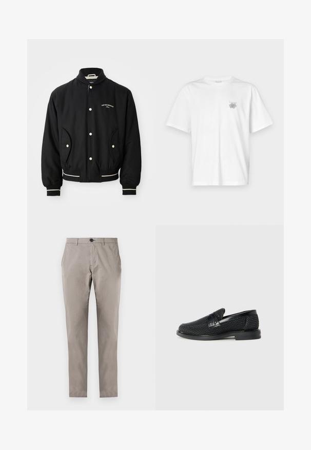 Μαύρο bomber μπουφάν με ριγέ γιακά, κλείσιμο με κουμπιά, δύο πλαϊνές τσέπες και λευκές ρίγες στους καρπούς και το στρίφωμα.; Λευκό μπλουζάκι από βαμβάκι με κοντά μανίκια, στρογγυλή λαιμόκοψη και μικρό γκρίζο λογότυπο στην αριστερή περιοχή του στήθους. Λείο υφασμά.; Γκρι βαμβακερό παντελόνι με ίσια γραμμή, με κούμπωμα κουμπιού, μπροστινές τσέπες και λεία υφή. Δεν υπάρχουν άλλες λεπτομέρειες ή σχέδια ορατά.; Μαύρο πλεκτό παπούτσι slip-on με λείο δερμάτινο στοιχείο στο άνω μέρος, στρογγυλή μύτη και χαμηλό καουτσούκ πάτο.