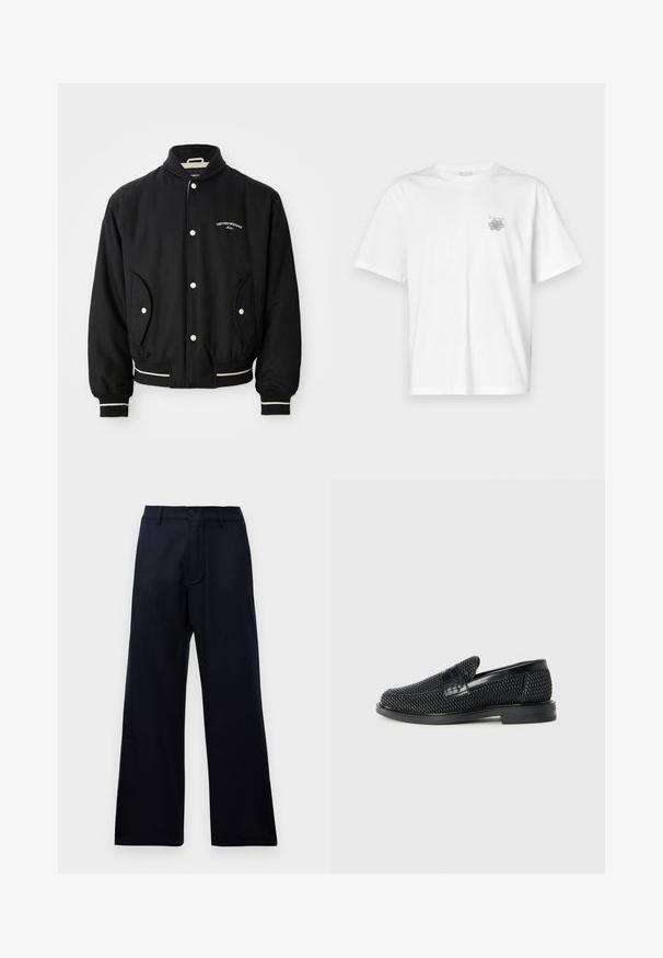 Black bomber jacket with a ribbed collar, snap-button closure, two side pockets, and white striped accents at the cuffs and hem.; White t-shirt made of cotton featuring short sleeves, a crew neck, and a small gray logo on the left chest area. Smooth texture.; Black high-waist wide-leg trousers with belt loops, front button, and zip closure on a plain white background.; Black woven slip-on shoe with a smooth leather accent on the upper, a round toe design, and a low-profile rubber sole.