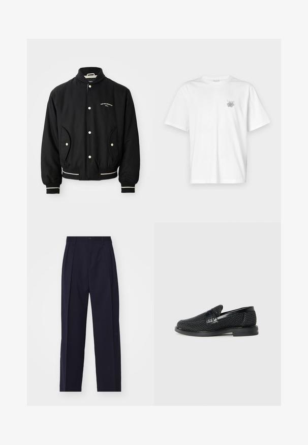 Melns bumbieru apvalks ar ribotu apkakli, pogu aizdari, divām sānu kabatām un baltām svītrām pie piedurknēm un apakšmalas.; Baltas kokvilnas T-krekls ar īsām piedurknēm, apaļu dekoltē un mazu pelēku logo kreisajā krūšu daļā. Gluda tekstūra.; Jūras zila, pieguļoša bikses ar taisnu kāju dizainu, izšuvumi priekšā, aizdare ar pogu un bez redzamām kabatām. Gluda auduma tekstūra.; Melnas austas slaidu kurpes ar gludu ādas akcentu augšpusē, apaļas formas purngalu un zemas profila gumijas zoli.