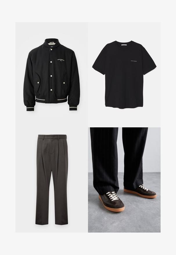 Sort bomberjakke med rillet krave, trykknaplukning, to sidelommer og hvide striber ved manchetterne og kanten.; Sort bomulds T-shirt med rund hals, korte ærmer og en hvid logo print på venstre bryst. Simpelt, ensfarvet design.; Mørkegrå bukser lavet af struktureret stof, med flad front, plisseringer, lige ben og bæltestropper. Ingen synlig hardware eller mønstre.; Mørkebrune ruskindsko med cremefarvede snørebånd, hvide detaljer og en tan gummisål. Båret med sort stribede bukser.