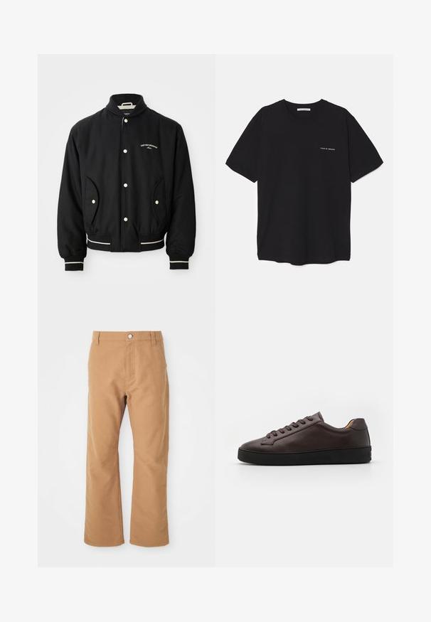 Czarna kurtka bomberka z żebrowanym kołnierzem, zapięciem na napy, dwiema bocznymi kieszeniami oraz białymi paskami na mankietach i u dołu.; Czarny bawełniany T-shirt z okrągłym dekoltem, krótkimi rękawami i białym nadrukiem logo na lewej piersi. Prosty, jednolity kolor.; Brązowe bawełniane spodnie o prostym kroju, z pojedynczym zapięciem na guzik i subtelnymi przeszyciami dla dodatkowego detalu.; Brązowe skórzane trampki o gładkiej fakturze, okrągłym nosku i czarnej gumowej podeszwie. Posiadają stonowane sznurowadła i minimalistyczne detale.