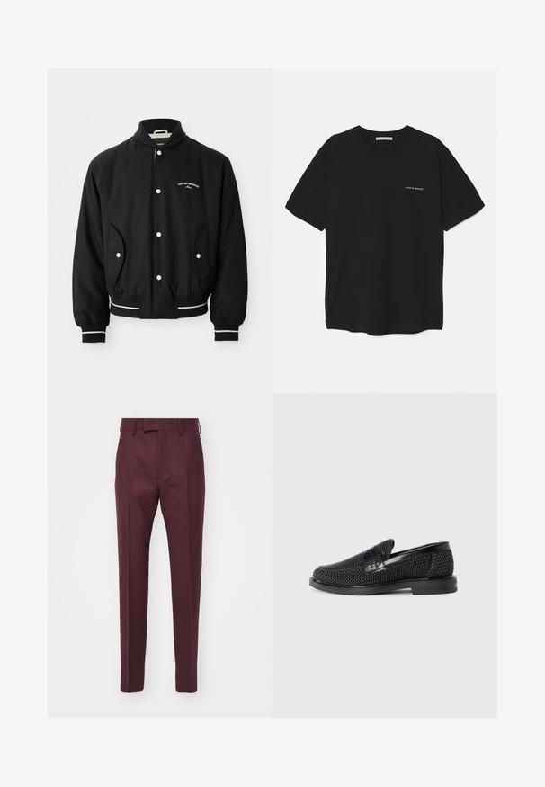 Black bomber jacket with a ribbed collar, snap-button closure, two side pockets, and white striped accents at the cuffs and hem.; Black cotton T-shirt with a crew neck, short sleeves, and a white logo print on the left chest. Simple, solid color design.; Burgundy tailored trousers with a straight cut, smooth texture, and pressed creases. Features a belt loop and front pockets.; Black woven slip-on shoe with a smooth leather accent on the upper, a round toe design, and a low-profile rubber sole.