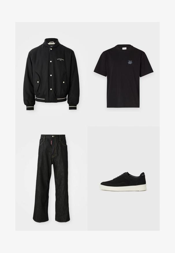 Čierna bomber bunda s rebrovaným golierom, zapínaním na patentky, dvoma bočnými vreckami a bielymi pruhmi na manžetách a dolnom okraji.; Čierne bavlnené tričko s okrúhlym výstrihom a krátkymi rukávmi. Obsahuje malú modrú nášivku na ľavej hrudi. Jednoduchý, rovný strih.; Čierne rovné džínsy so žltým prešívaním, s piatimi vreckami, so zapínaním na gombík a malou červenou nášivkou na prednom pravom vrecku.; Čierne semišové tenisky s šnurovacím dizajnom a kontrastnou bielou gumovou podrážkou. Obsahujú štruktúrované bočné panely a jemné logo na päte.