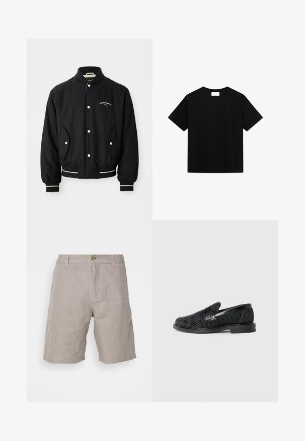 Schwarze Bomberjacke mit einem gerippten Kragen, Druckknopfverschluss, zwei seitlichen Taschen und weißen Streifenakzenten an den Bündchen und am Saum.; Schwarzes Baumwoll-T-Shirt mit Rundhalsausschnitt, kurzen Ärmeln und einem dezenten "WW"-Logo auf der Brust. Glatte Textur, normale Passform, keine Verzierungen.; Beige Leinen-Shorts mit lockerer Passform, mit Knopfverschluss, Gürtelschlaufen und glatter Textur. Keine sichtbaren Muster oder Akzente.; Schwarzer geflochtener Slipper mit einem glatten Lederakzent im Obermaterial, einem runden Zehendesign und einer flachen Gummisohle.