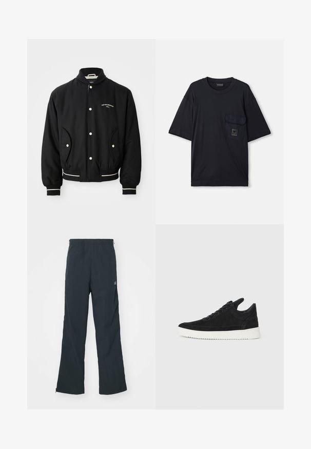 Zwarte bomberjack met een geribbeld kraag, drukknoopsluiting, twee zijzakken en witte gestreepte accenten bij de manchetten en de zoom.; Zwarte T-shirt met korte mouwen en ronde hals, voorzien van een klepzak aan de linkerkant van de borst met een klein rechthoekig logo-embleem.; 032c YOU TRACKSUIT TROUSERS UNISEX - Trainingsbroek - dark blue; Zwarte suède sneakers met een witte rubberen zool, voorzien van tonale stiksels en een vetersluiting. Glad oppervlak met een moderne, gestroomlijnde vorm.