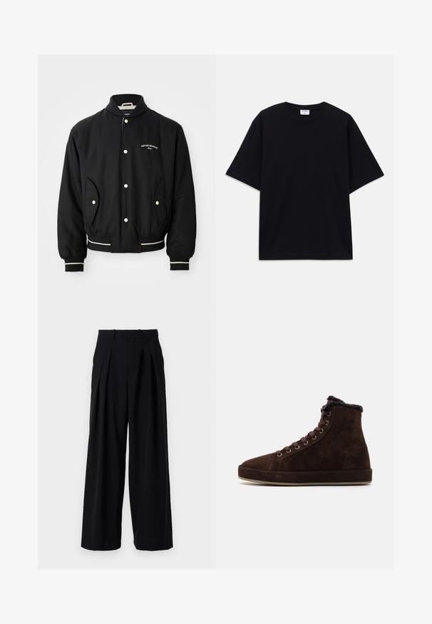 Veste bomber noire avec un col côtelé, fermeture à boutons-pression, deux poches latérales et des accents rayés blancs aux poignets et à l'ourlet.; T-shirt noir à manches courtes oversize avec un col rond et une étiquette de marque Filippa K visible à l'intérieur du col.; Pantalons noirs présentant un design à jambe large, des plis sur le devant et une ceinture structurée. Fabriqués dans un tissu lisse sans accents visibles.; Baskets hautes en suède marron avec laçage à l'avant, bout rond, doublure douce au col et semelle en caoutchouc.