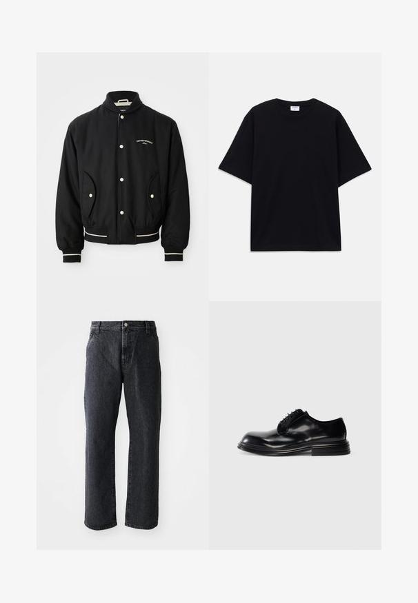Black bomber jacket with a ribbed collar, snap-button closure, two side pockets, and white striped accents at the cuffs and hem.; Black short-sleeve oversized T-shirt with round neckline and visible Filippa K brand label inside the collar.; Black denim jeans with a straight cut, featuring a button closure, five pockets, and subtle texture. Classic design with no prominent patterns.; Black leather dress shoe with a rounded toe, smooth finish, lace-up design, and a stacked heel. Minimalist style with no visible logos.