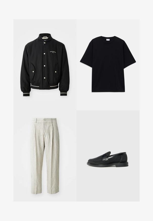 Černá bomber bunda s ribovaným límcem, zapínáním na patentky, dvěma bočními kapsami a bílými pruhovanými akcenty na manžetách a spodním lemu.; Černé oversized tričko s krátkým rukávem, kulatým výstřihem a viditelnou značkou Filippa K uvnitř límce.; Bílé pruhované kalhoty vyrobené z lehkého materiálu, s volným střihem, záhyby a páskem s poutky. Vertikální námořnické pruhy.; Černé pletené nazouvací boty s hladkým koženým akcentem na svršku, kulatou špičkou a nízkoprofilovou gumovou podrážkou.