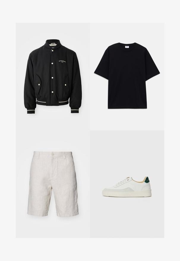 Czarna kurtka bomberka z żebrowanym kołnierzem, zapięciem na napy, dwiema bocznymi kieszeniami oraz białymi paskami na mankietach i u dołu.; Czarny, krótki rękaw, oversize'owy T-shirt z okrągłym dekoltem i widoczną metką marki Filippa K wewnątrz kołnierza.; Jasno beżowe lniane szorty o naturalnej fakturze, z zapięciem na guziki z przodu i kieszeniami po bokach. Prosty krój nogawek.; Białe trampki z zamszowymi akcentami, zaokrąglony czubek, płaskie sznurowadła i kremowa gumowa podeszwa. Posiadają zielone logo na pięcie.