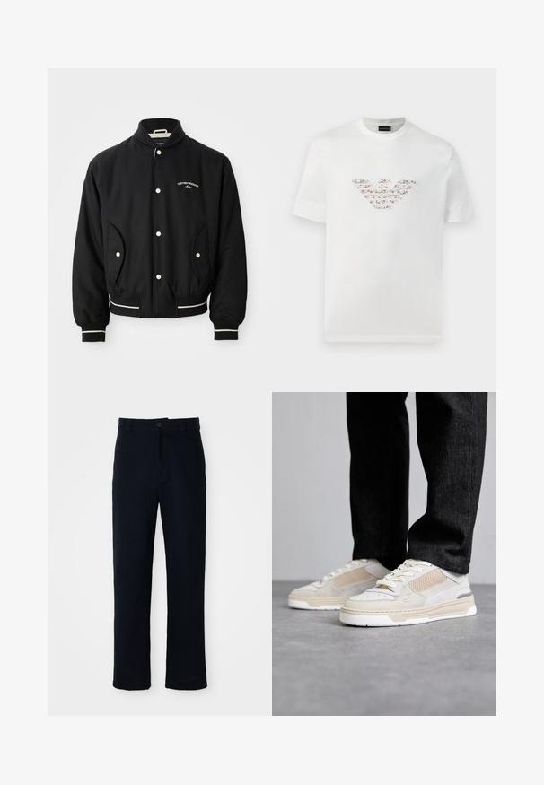 Veste bomber noire avec un col côtelé, fermeture à boutons-pression, deux poches latérales et des accents rayés blancs aux poignets et à l'ourlet.; T-shirt blanc en coton à manches courtes et col rond. Présente un logo central dans des nuances de rose et de marron.; Pantalon bleu marine en coton, avec une coupe droite, une fermeture à bouton à l'avant et une taille classique avec passants de ceinture.; Filling Pieces CRUISER CRUMBS - Baskets basses - white