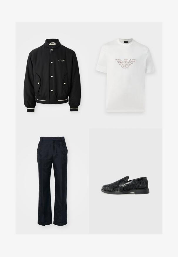 Černá bomber bunda s ribovaným límcem, zapínáním na patentky, dvěma bočními kapsami a bílými pruhovanými akcenty na manžetách a spodním lemu.; Bílý bavlněný tričko s krátkými rukávy a kulatým výstřihem. Má centrální logo v růžových a hnědých odstínech.; Černé široké kalhoty s jemnou květinovou texturou, hladkým materiálem a skládacími lemy. Navrženy s klasickým pasem a plochým předním dílem.; Černé pletené nazouvací boty s hladkým koženým akcentem na svršku, kulatou špičkou a nízkoprofilovou gumovou podrážkou.