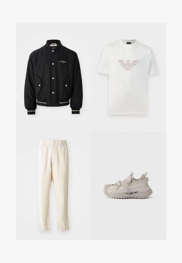 Schwarze Bomberjacke mit einem gerippten Kragen, Druckknopfverschluss, zwei seitlichen Taschen und weißen Streifenakzenten an den Bündchen und am Saum.; Weißes Baumwoll-T-Shirt mit kurzen Ärmeln und rundem Halsausschnitt. Verfügt über ein zentrales Logo-Design in Rosa- und Brauntönen.; Beige Leinenhosen mit lockerer Passform, schmal zulaufenden Beinen und flachem Bund. Verfügt über einen elastischen Taillenbund für Komfort und minimale Nahtdetails.; Hellgraue Sneakers mit einer strukturierten Sohle, elastischen Riemen und gepolstertem Knöchel. Entworfen mit einer runden Zehe und minimalistischer Silhouette.