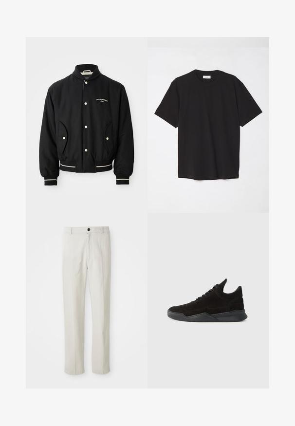 Melns bumbieru apvalks ar ribotu apkakli, pogu aizdari, divām sānu kabatām un baltām svītrām pie piedurknēm un apakšmalas.; Melna kokvilnas T-krekls ar apaļu kakla izgriezumu, īsām piedurknēm un brīvu piegulšanu. Vienkāršs dizains, gluda tekstūra un bez redzamām rakstiem vai logotipiem.; Bežīgas taisnas kājas bikses ar jostu cilpām, priekšējo pogu un rāvējslēdzēju, izliktas plakni uz baltas fona.; Melnas zamšādas sporta kurpes ar zemu profilu, teksturētu augšdaļu, plakaniem šņorēm un cietu gumijas zolīti ar nelielu papēdi un izliekumu dizainā.
