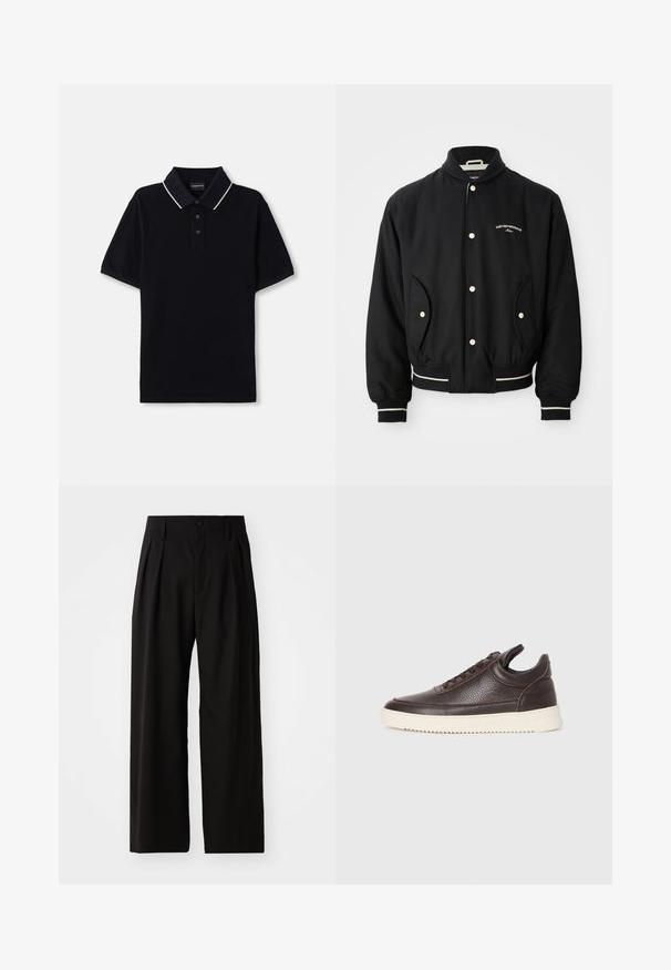 Črna bomberska jakna z rebrastim ovratnikom, zapenjanjem na gumbke, dvema stranskima žepoma in belimi črtastimi poudarki na manšetah in robu.; Črna polo majica s kratkimi rokavi, teksturiran ovratnik z belim robom in tri gumbi. Ime blagovne znamke na ovratniku.; Črne široke hlače z gladko teksturo, ki imajo dva sprednja pregiba, gumbasto zapiranje in stranske žepe. Trajna tkanina.; Temno rjava textured usnjena superga z vezalkami in belim rebrastim gumijastim podplatom na enostavni svetli podlagi.